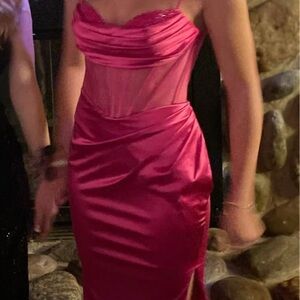 Hot Pink Satin Cowl Neck Midi Dress with Sheer Corset Panels